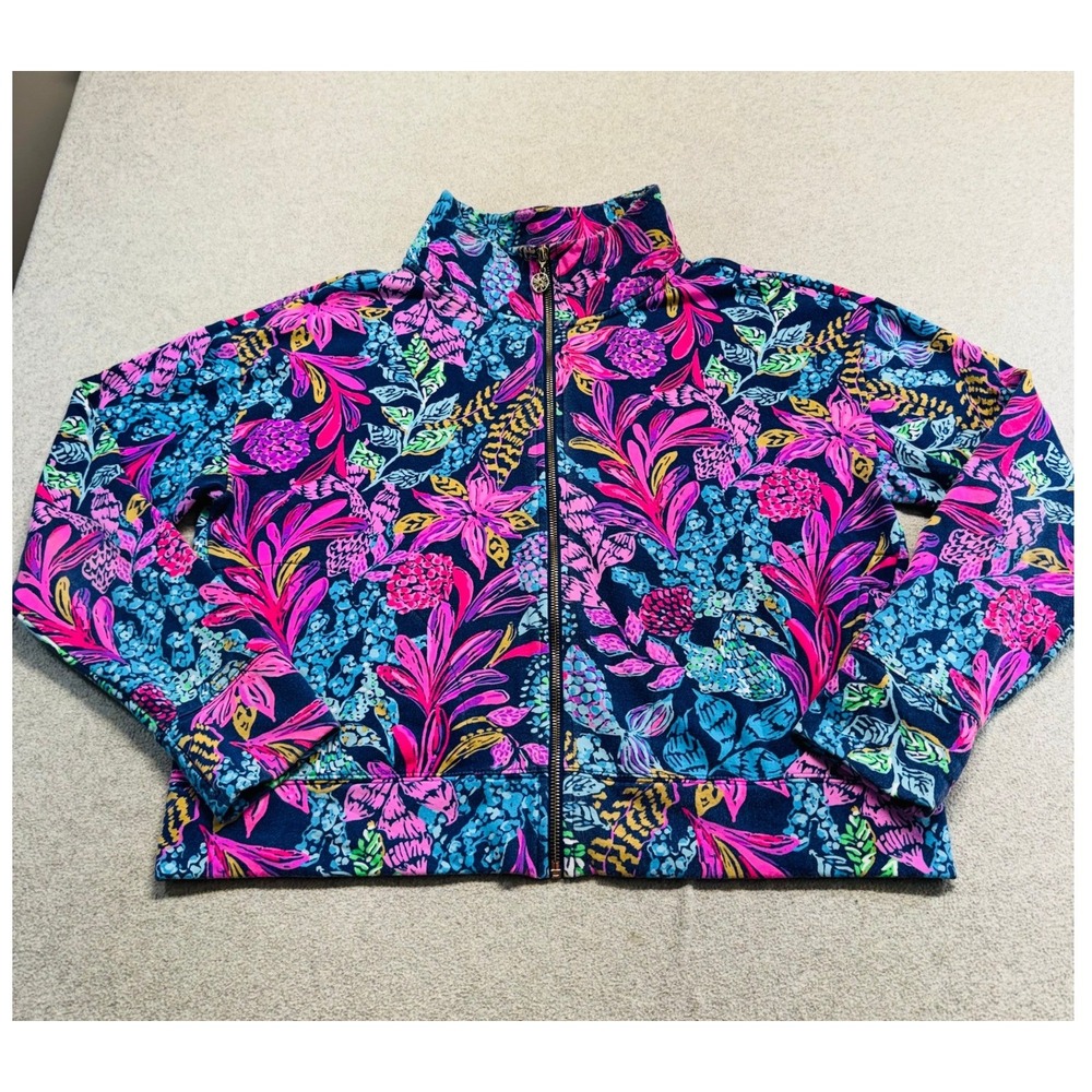 Lilly Pulitzer Full Zip Jacket Womens L Navy Pink Tropical Floral Classic Sporty